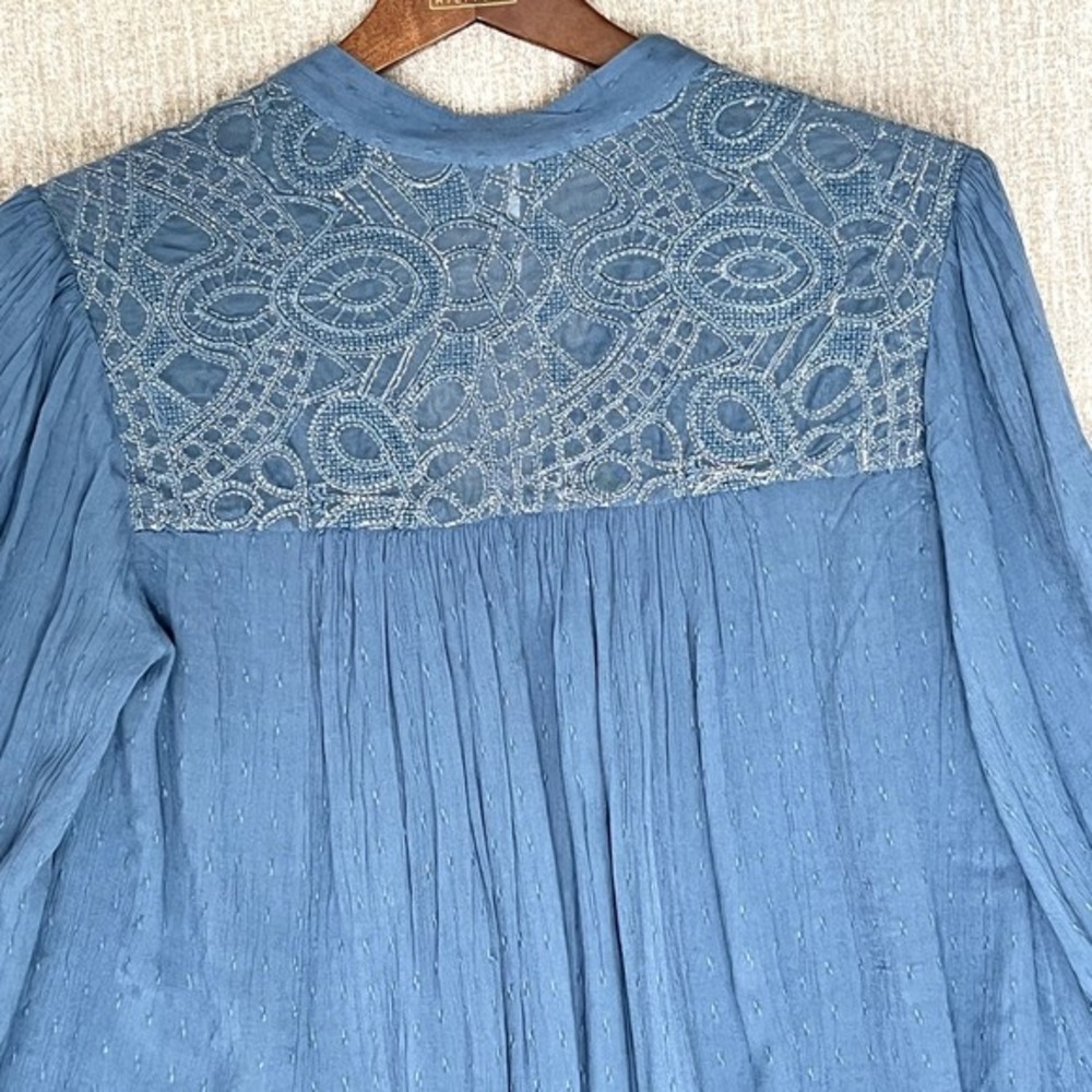 Free People Womens XS Blue Long Sleeve Hi-Low Lace Detail Relaxed‎ Fit Blouse - Picture 5 of 10